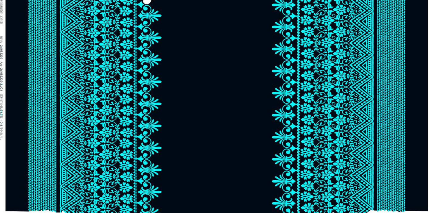 青蓝几何花卉对称边饰面料印花素材,适用于服装印花设计