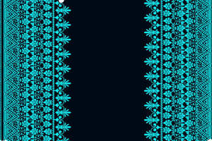 青蓝几何花卉对称边饰面料印花素材，适用于服装印花设计