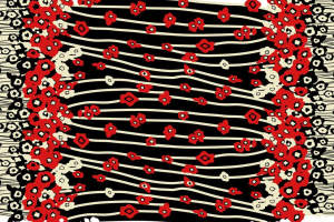 复古波浪线条红黑白花卉面料印花素材，适用于服装印花设计