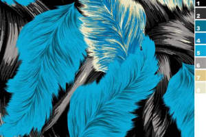 蓝羽黑灰撞色羽毛纹理面料印花素材，适用于时尚服装印花设计