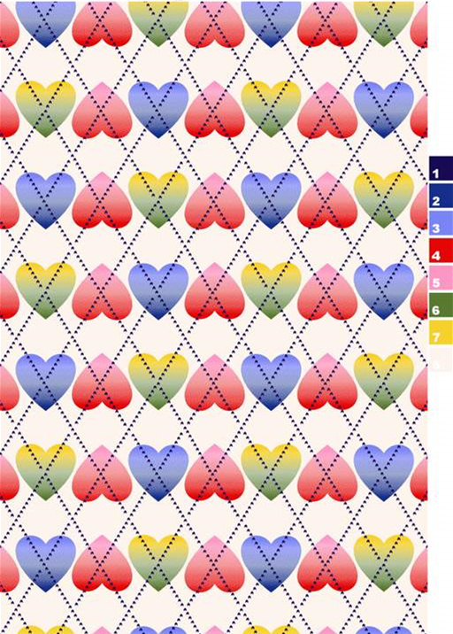 彩虹渐变爱心菱格面料印花素材,适用于T恤与童装服装印花设计