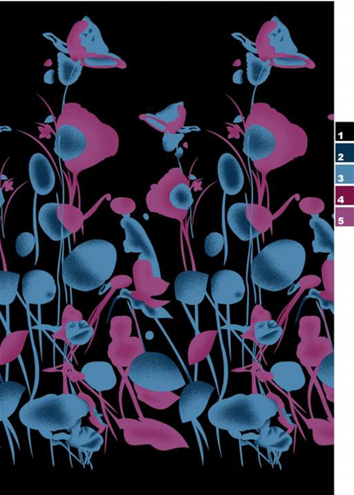 蓝粉撞色抽象花卉面料印花素材,适用于服装印花设计