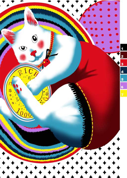 招财猫主题面料印花素材,适用于T恤与童装服装印花设计