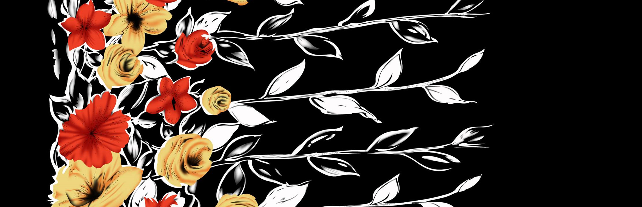 黑底红黄花卉面料印花素材,适用于服装印花设计的高对比度花型图