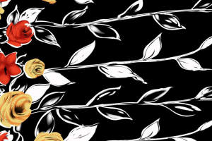 黑底红黄花卉面料印花素材，适用于服装印花设计的高对比度花型图