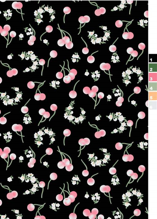 黑底粉樱小花环面料印花素材,清新甜美服装印花设计图