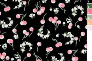 黑底粉樱小花环面料印花素材，清新甜美服装印花设计图