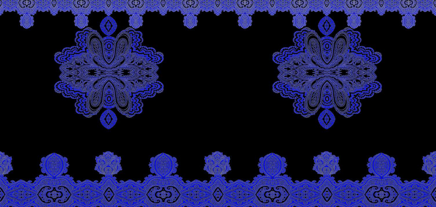 深蓝对称佩斯利花纹面料印花素材,适用于高端服装印花设计