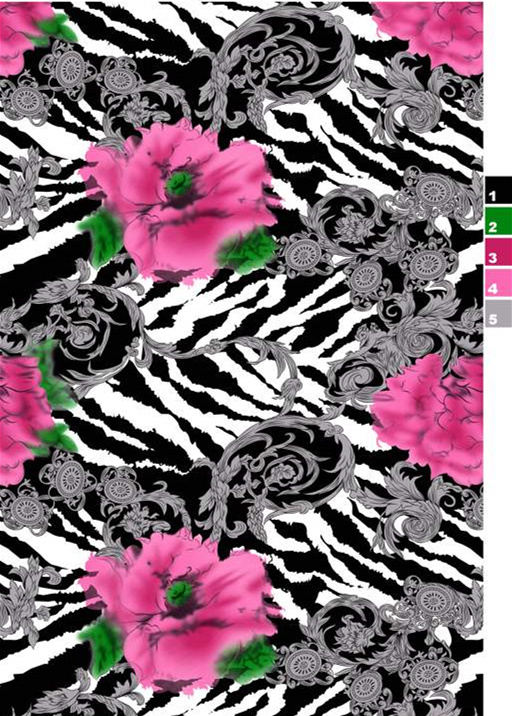 黑白斑马纹融合巴洛克花卉的服装印花素材,高对比度面料印花设计