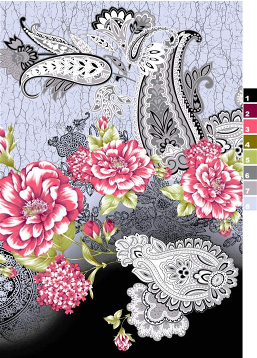 复古佩斯利与牡丹花卉组合面料印花素材,适用于服装印花设计