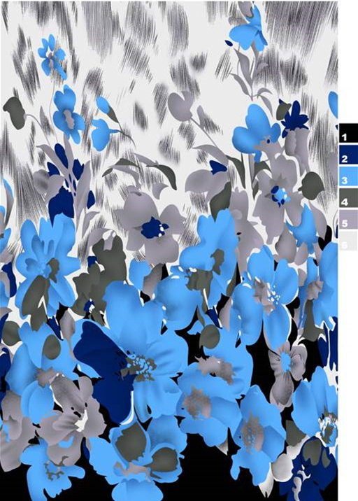 蓝灰水墨风花卉面料印花素材,适用于春夏服装印花设计