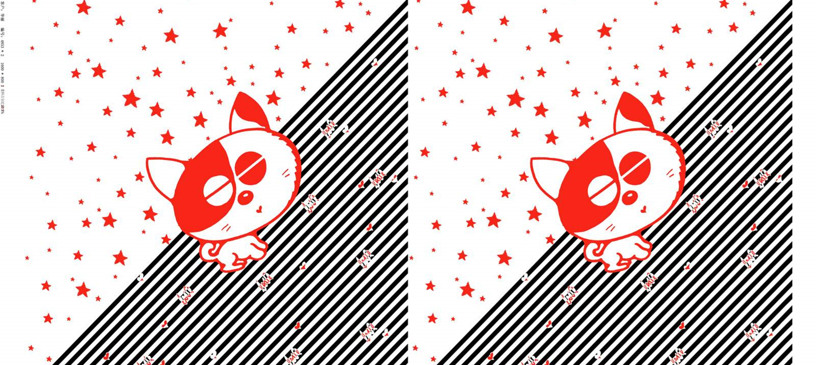 红白星星条纹猫咪图案面料印花素材,适用于儿童服装印花设计