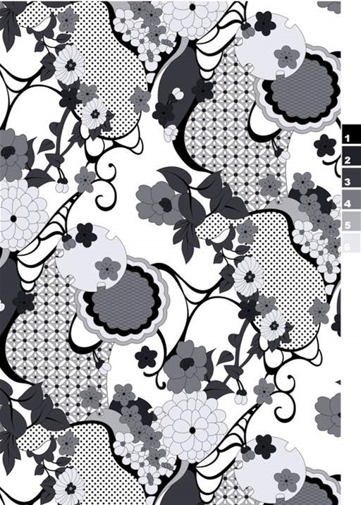 黑白灰艺术花卉面料印花素材,适用于服装印花设计与数码印制