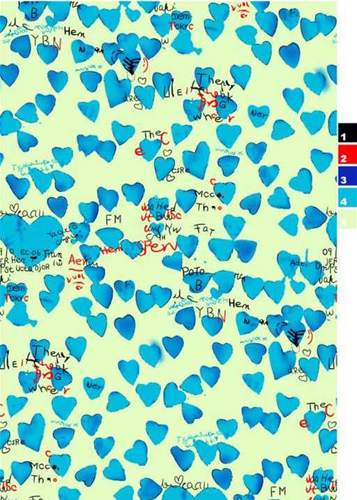 手绘蓝心涂鸦风面料印花素材,适用于T恤与休闲服装印花设计