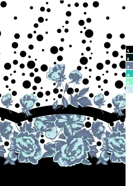 蓝调花卉与黑点泼墨风面料印花素材,适用于服装印花设计