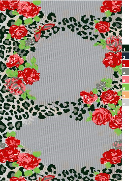 复古玫瑰豹纹拼接面料印花素材,适用于服装印花设计