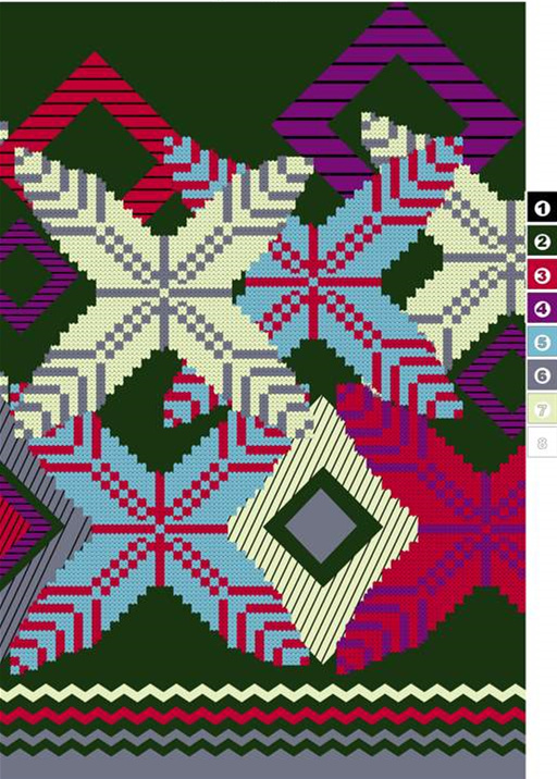 几何雪花与菱形交织的服装印花素材,适用于针织衫与围巾面料印花设计