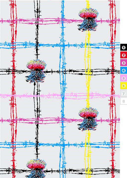 抽象花卉与铁丝网交织的服装印花素材,适用于潮流服饰面料印花设计