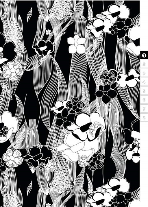 黑白线条花卉面料印花素材,适用于服装印花设计的高对比度花型图