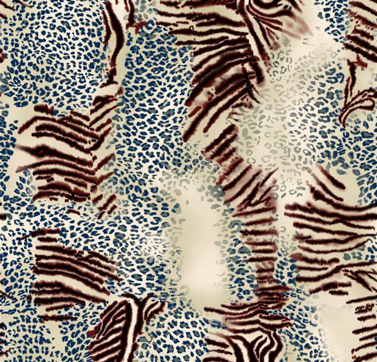 蓝底豹纹与棕红条纹交织的服装印花素材,高辨识度面料印花设计