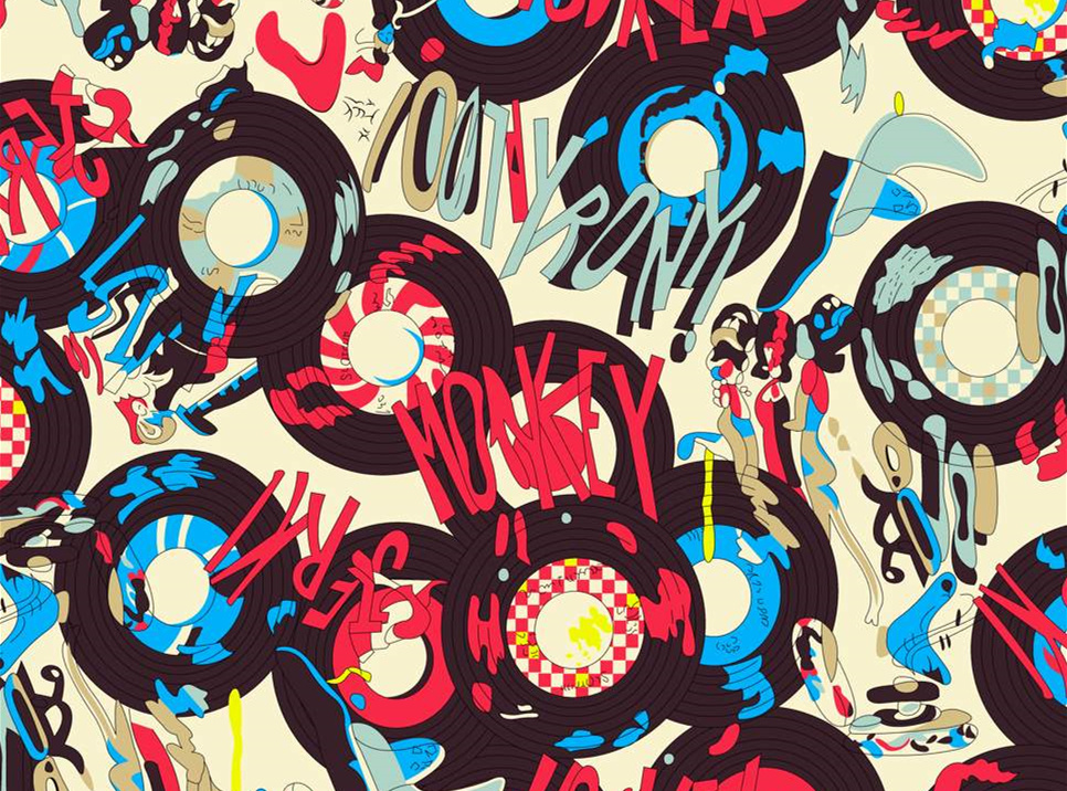 复古唱片涂鸦风面料印花素材,适用于潮牌服装印花设计