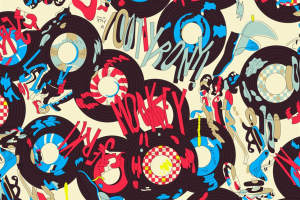 复古唱片涂鸦风面料印花素材，适用于潮牌服装印花设计