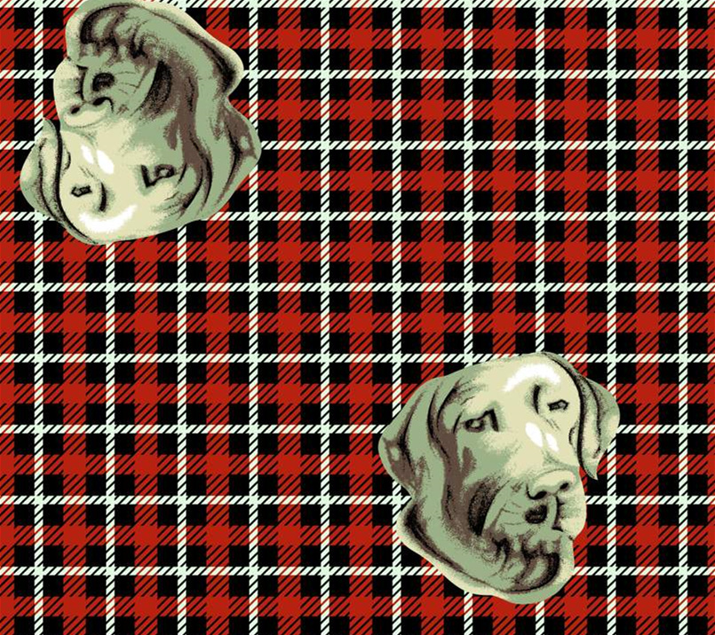 红黑格纹底+复古犬头印花面料印花素材,适用于服装印花设计