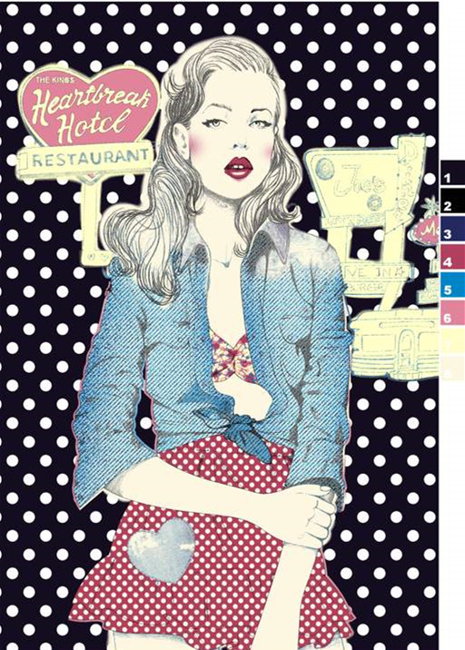 复古波点女郎插画风面料印花素材,适用于服装印花设计