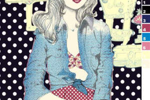 复古波点女郎插画风面料印花素材，适用于服装印花设计