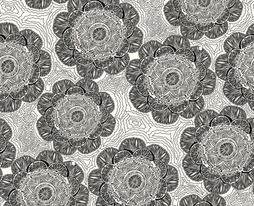 黑白几何曼陀罗面料印花素材,适用于服装印花设计与数码印染
