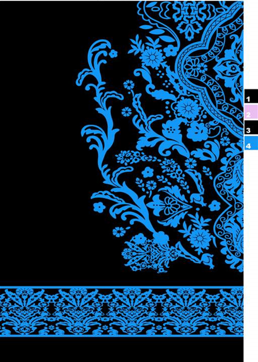 蓝黑对比古典花卉面料印花素材,适用于服装印花设计