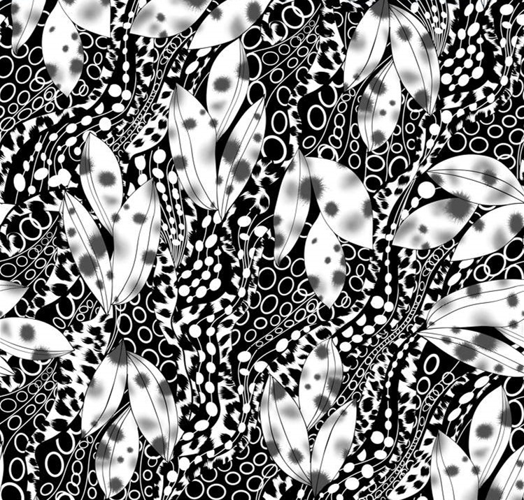 黑白抽象叶纹面料印花素材,适用于服装印花设计的高辨识度花型