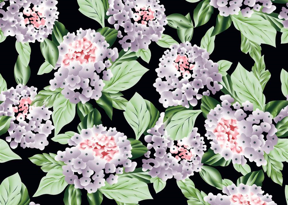 黑底紫粉绣球花面料印花素材,适用于服装印花设计的高清花卉图案