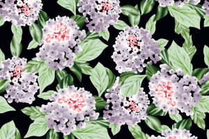 黑底紫粉绣球花面料印花素材，适用于服装印花设计的高清花卉图案