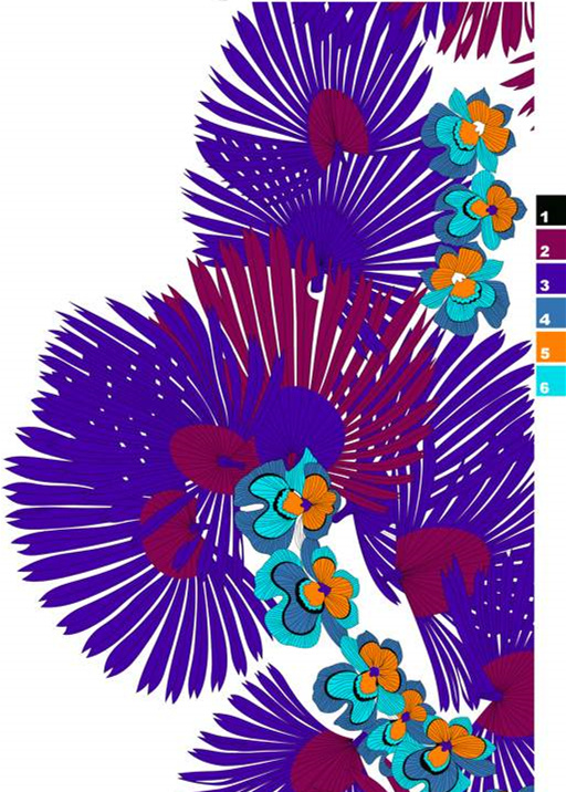 热带扇叶与花卉组合面料印花素材,适用于夏季服装印花设计