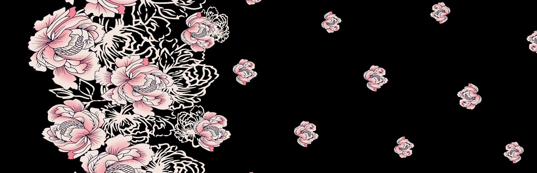 黑底粉牡丹手绘风面料印花素材,适用于服装印花设计