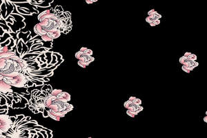 黑底粉牡丹手绘风面料印花素材，适用于服装印花设计