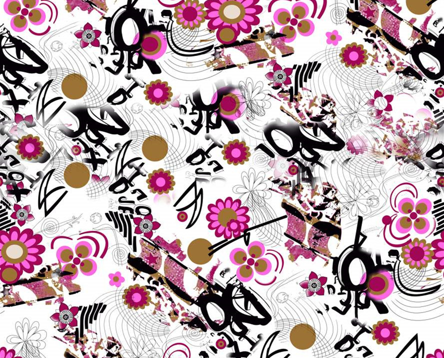 活力花卉与抽象笔触融合的服装印花素材,适用于T恤与休闲服饰面料印花设计