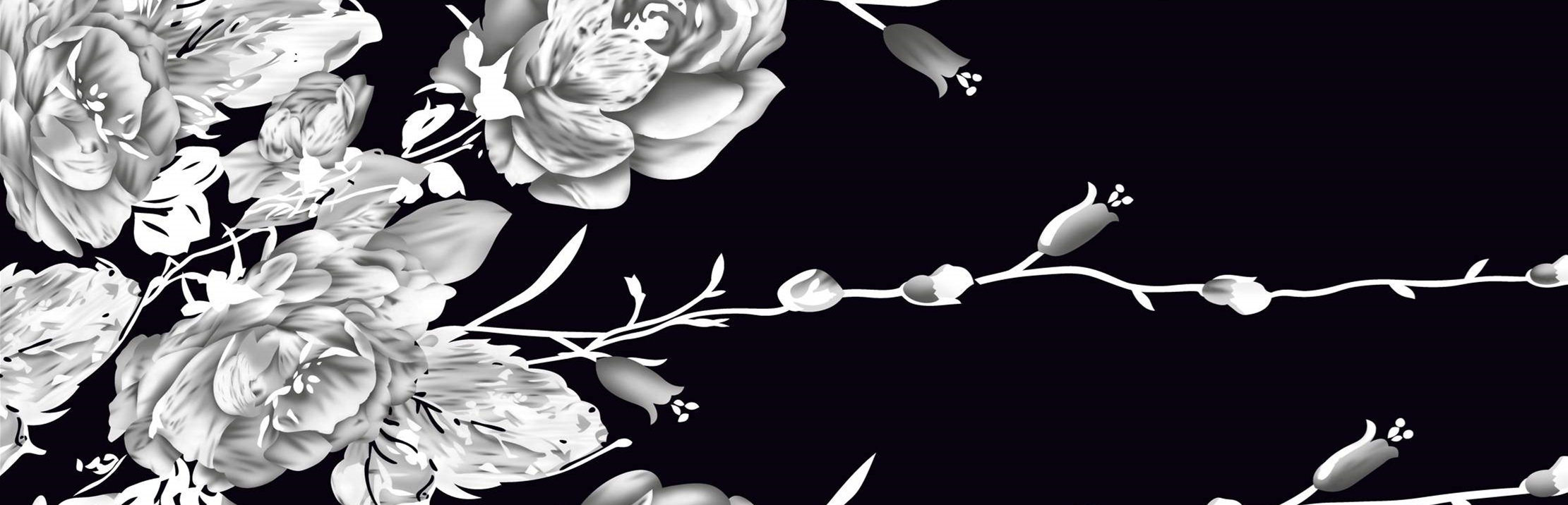 黑白水墨风花卉面料印花素材,适用于高端服装印花设计