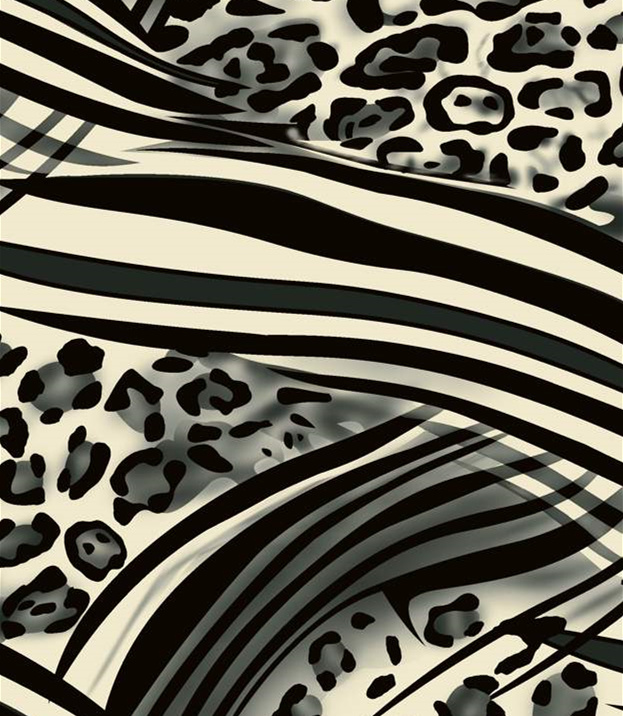 黑白豹纹与斑马条纹交织的服装印花素材,高对比度面料印花设计