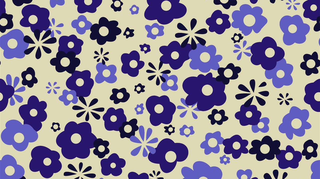 复古紫蓝花卉面料印花素材,适用于服装印花设计与数码印染