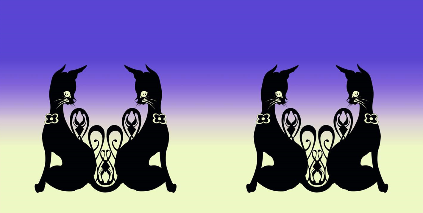 复古黑猫对称花型面料印花素材,适用于服装印花设计