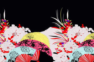 东方雅韵面料印花素材：扇面花卉图案适用于服装印花设计