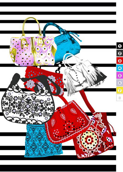 多彩手绘风服装印花素材图,适用于面料印花设计与时尚包袋图案