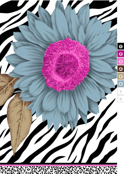 蓝粉向日葵撞色斑马纹面料印花素材,适用于服装印花设计