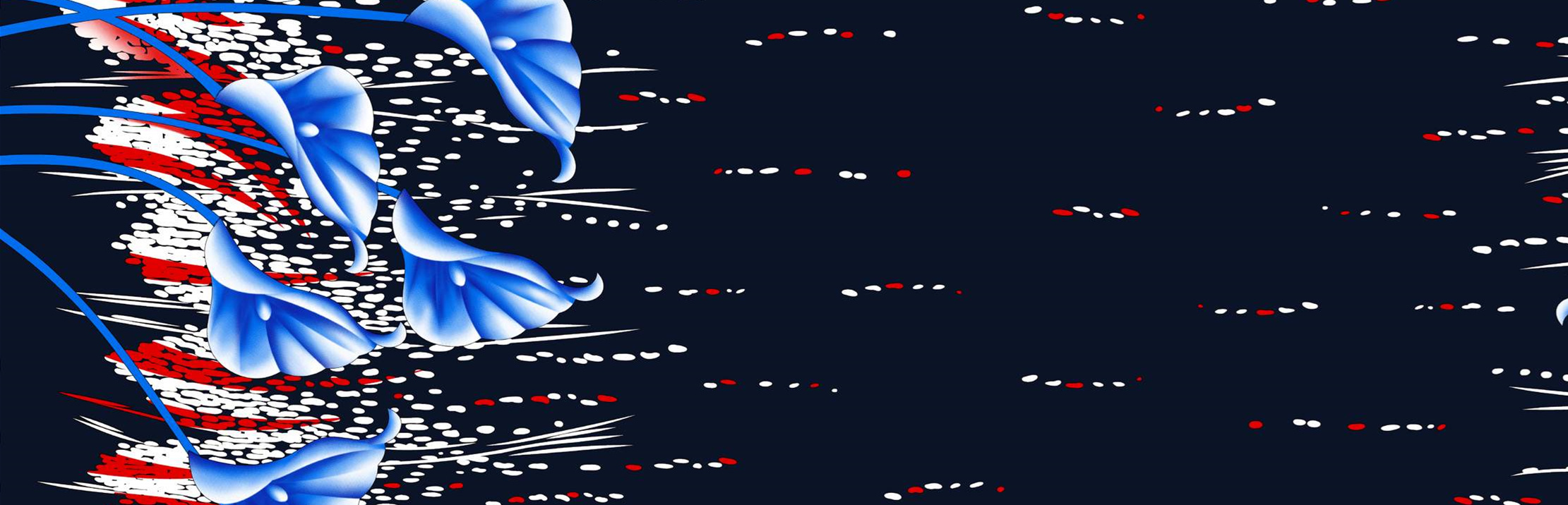 深蓝底白红点线交织花卉面料印花素材,适用于服装印花设计