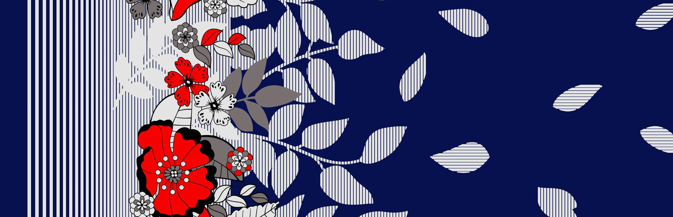深蓝底红花条纹面料印花素材,适用于服装印花设计