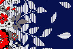 深蓝底红花条纹面料印花素材，适用于服装印花设计