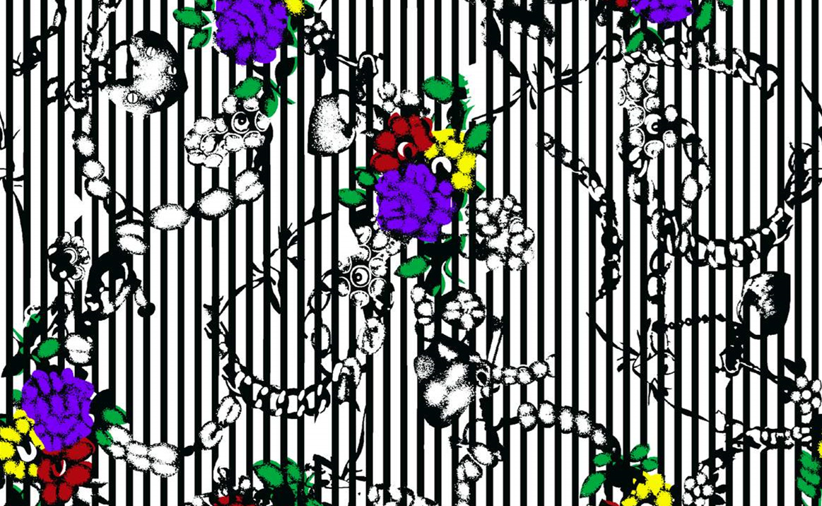 黑白条纹背景花卉藤蔓面料印花素材,适用于服装印花设计