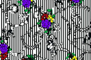 黑白条纹背景花卉藤蔓面料印花素材，适用于服装印花设计